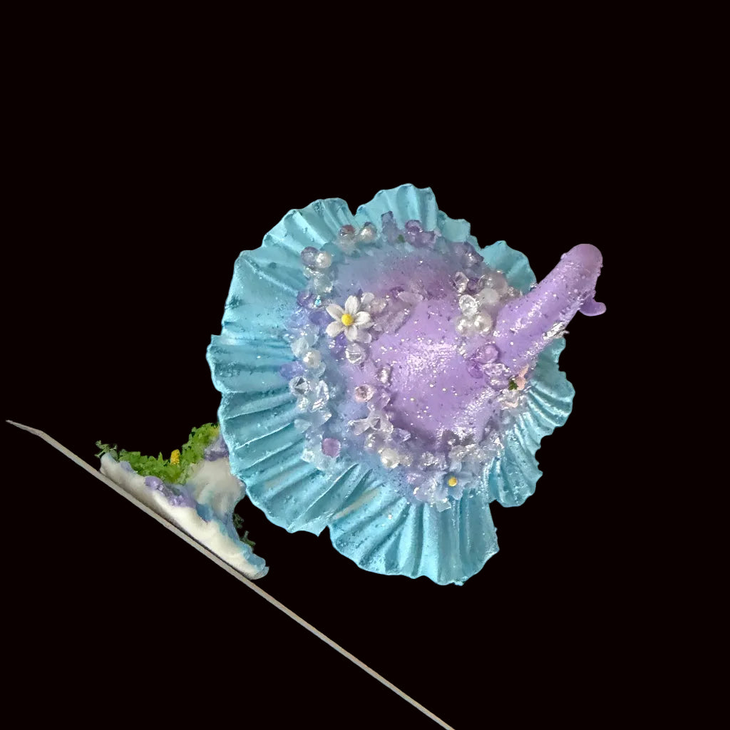 Lavender blue fairy witch hat resin clay fridge magnet with moss base and pearl embellishments, detail view – Sylva Garden