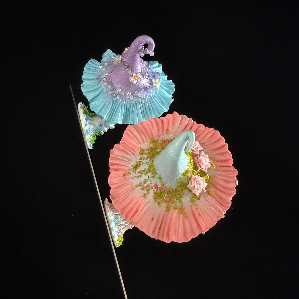 Lavender blue fairy witch hat resin clay fridge magnet with green moss base and pearl details, full view – Sylva Garden