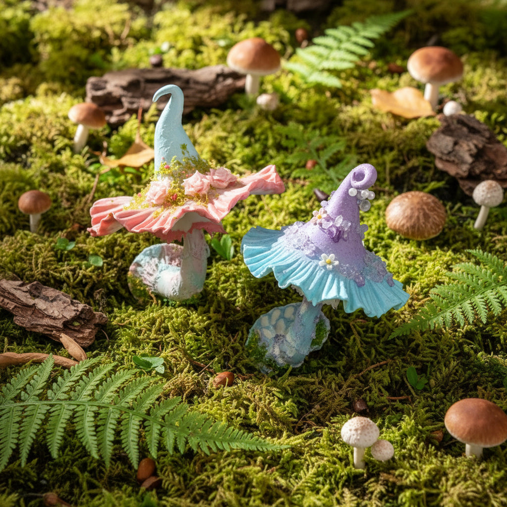 Lavender blue fairy witch hat resin clay fridge magnet with pearl and floral accents, overhead view – Sylva Garden