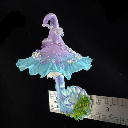 Lavender blue faerie mushroom witch hat resin clay fridge magnet with ruffled brim, scale reference with ruler – Sylva Garden