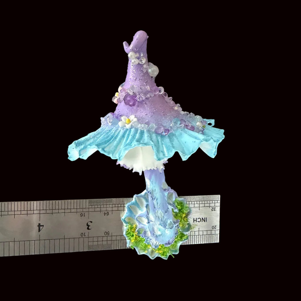 Lavender blue fairy witch hat resin clay fridge magnet with moss and flowers, size reference with ruler – Sylva Garden