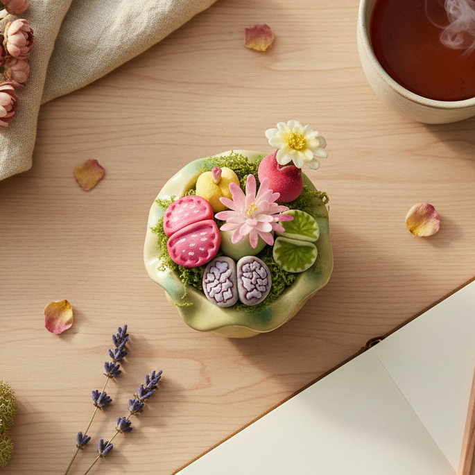 Handmade clay succulent arrangement in green lotus-shaped pot with pink lithops yellow succulent daisy and white water lily, overhead lifestyle view on wooden desk with tea cup and dried lavender – Sylva Garden