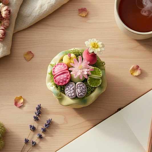 Handmade clay succulent arrangement in green lotus-shaped pot with pink lithops yellow succulent daisy and white water lily, overhead lifestyle view on wooden desk with tea cup and dried lavender – Sylva Garden