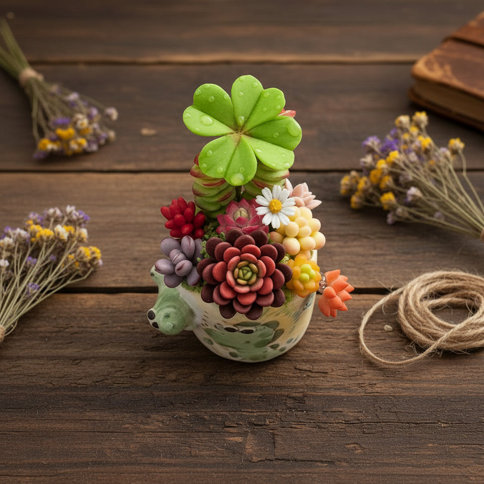Little Croc Garden handmade clay succulent arrangement in crocodile ceramic pot lifestyle view on rustic wooden desk with dried lavender and twine – Sylva Garden