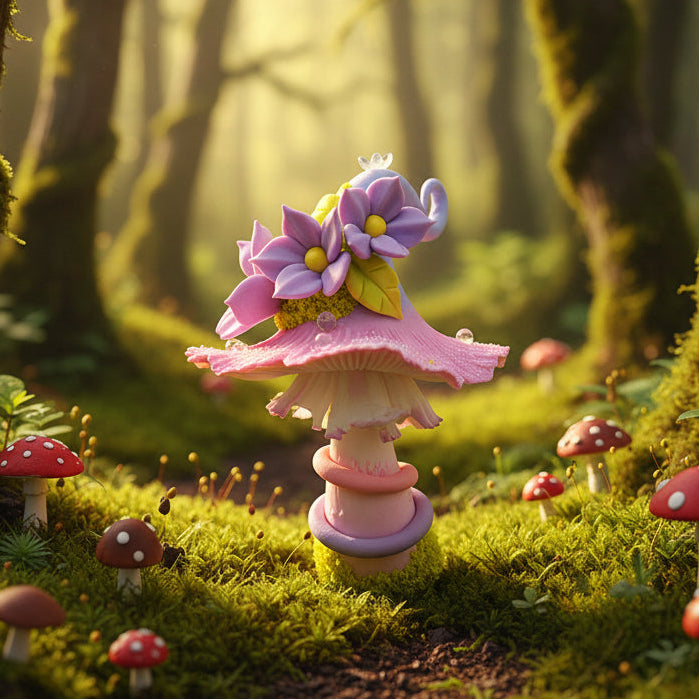 Handmade mauve curl fairy mushroom resin clay magnet with pink ruffled cap purple flowers and curled tendril in enchanted forest setting – Sylva Garden
