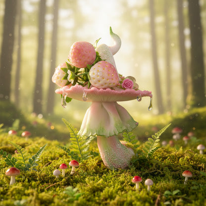 Handmade milky spore strawberry mushroom resin clay magnet with pink ruffled cap strawberry and crystal drop accents in enchanted forest setting – Sylva Garden