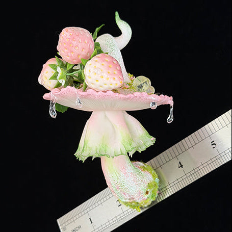 Handmade milky spore strawberry mushroom resin clay magnet with pink ruffled cap strawberry rose and crystal drop accents, front view with ruler approx 4 inches – Sylva Garden