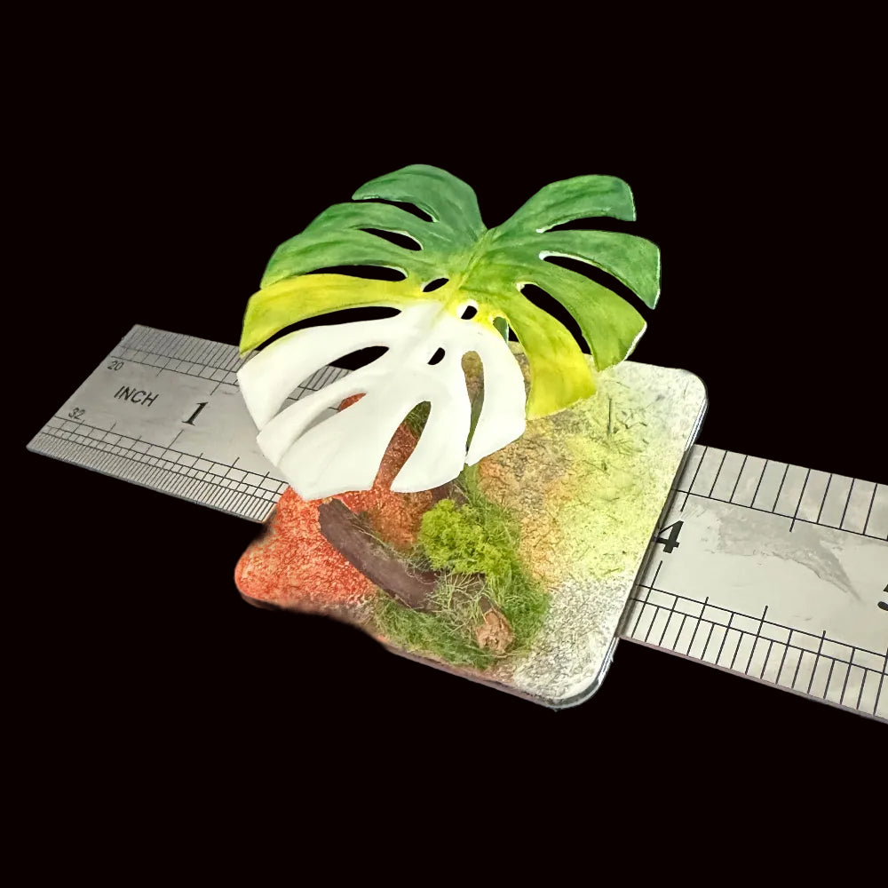 Handmade monstera leaf resin clay fridge magnet with moss base and size reference ruler, approx 4 inches – Sylva Garden