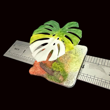Handmade monstera leaf resin clay fridge magnet with moss base and size reference ruler, approx 4 inches – Sylva Garden