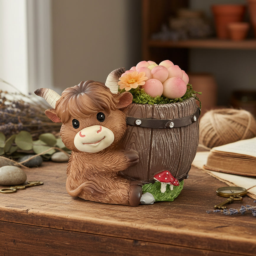 Handmade highland cow resin planter hugging wooden barrel with pink clay succulents orange flower and red mushroom accent on wooden desk with dried botanicals – Sylva Garden