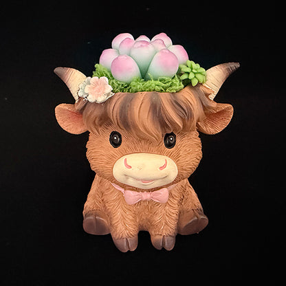 Handmade highland cow resin succulent planter with pink green clay succulent crown and pink bow tie, front view showing full planter – Sylva Garden