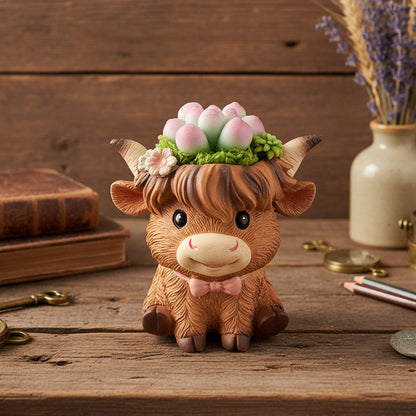 Handmade highland cow resin succulent planter with pink green clay succulent crown and pink bow tie on wooden desk with vintage books and dried lavender – Sylva Garden