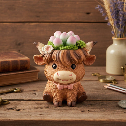 Handmade highland cow resin succulent planter with pink green clay succulent crown and pink bow tie on wooden desk with vintage books and dried lavender – Sylva Garden