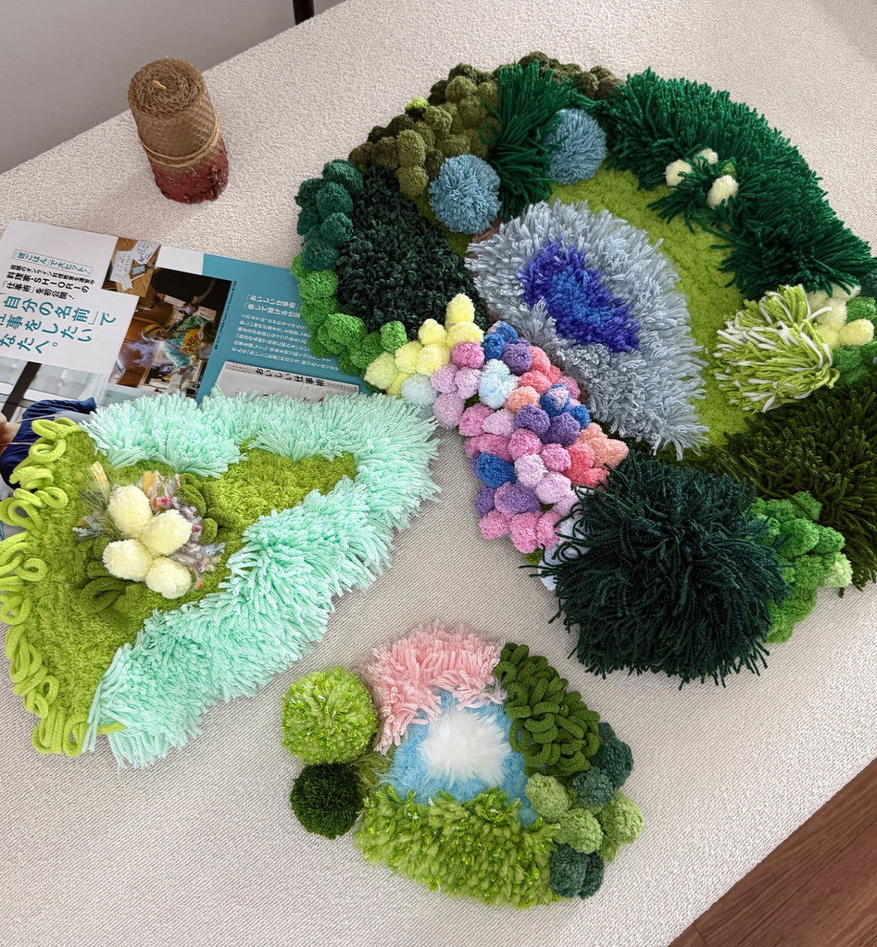 Summer River crochet moss coaster — collection overview, handmade botanical desk decor by Sylva Garden