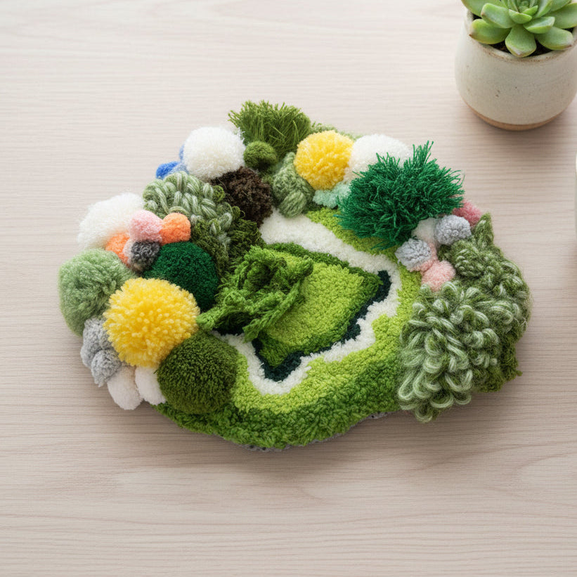 Handmade Moss Wanderer green multi-texture pom-pom crochet coaster with yellow white and dark green pom-poms and curly yarn accents, angled overhead view on light wood desk with succulent plant – Sylva Garden