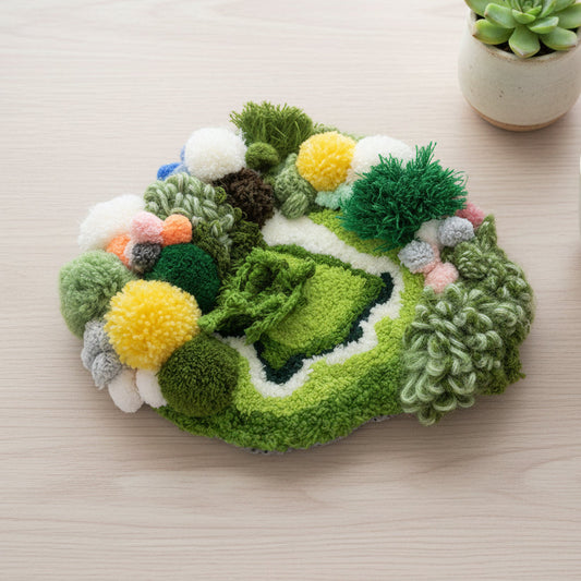Handmade Moss Wanderer green multi-texture pom-pom crochet coaster with yellow white and dark green pom-poms and curly yarn accents, angled overhead view on light wood desk with succulent plant – Sylva Garden