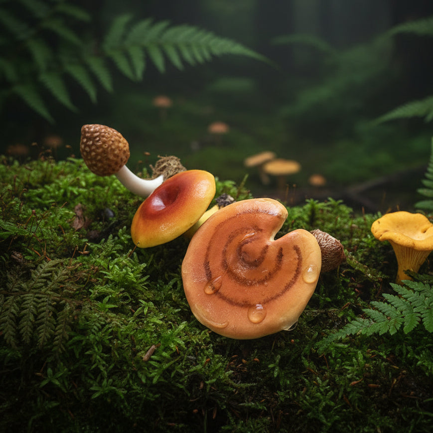 Handmade mushroom resin clay fridge magnet collection flatlay on black background, multiple species designs – Sylva Garden