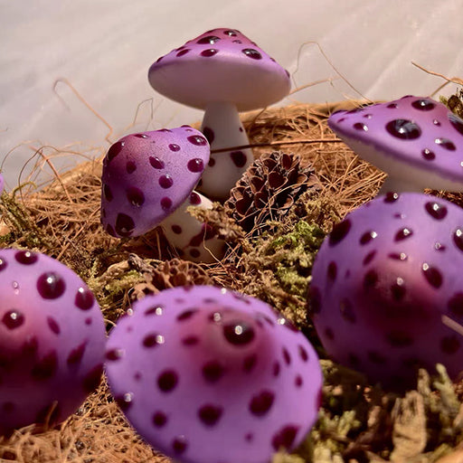 Handmade speckle mushroom resin clay fridge magnet in purple attached to refrigerator door, lifestyle view – Sylva Garden