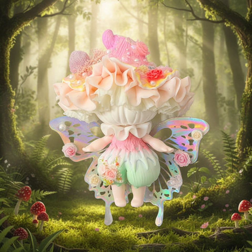 Handmade petal wing butterfly resin clay fridge magnet with holographic wings ruffled mushroom cap and rose accents, back view in woodland forest setting – Sylva Garden