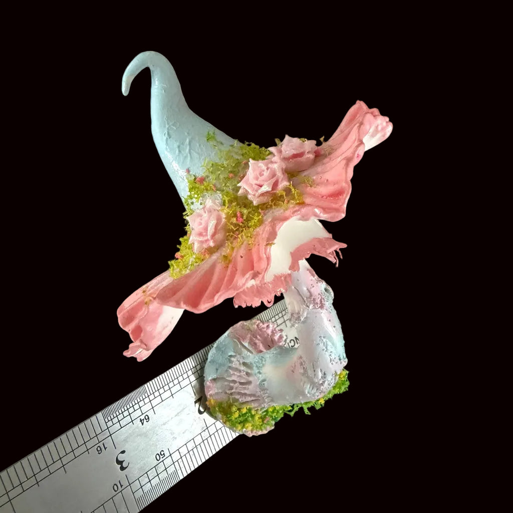 Pink faerie mushroom resin clay fridge magnet with ruffled cap and moss stem, underside view with ruler – Sylva Garden