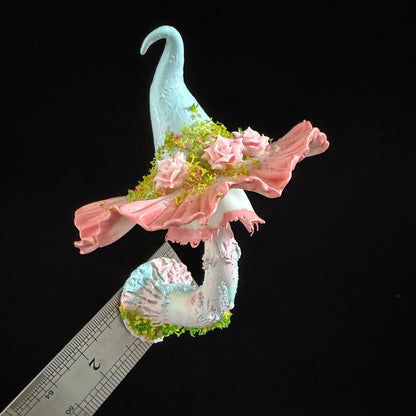Pink fairy witch hat resin clay fridge magnet with miniature roses and moss accents, size reference with ruler – Sylva Garden