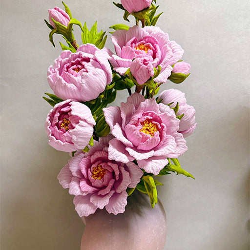 Pink pipe cleaner peony bouquet — five stems chenille wire handmade faux flowers in vase