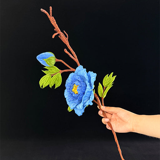 Pink pipe cleaner peony single stem — open bloom, handcrafted chenille wire everlasting faux flower