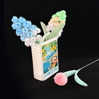 Pipe cleaner grape hyacinth in book vase — warm pastel shades handmade chenille wire desk decor