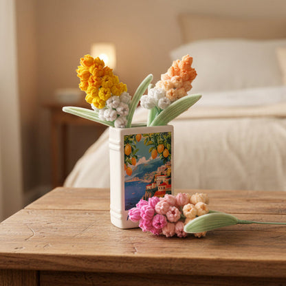 Pipe cleaner grape hyacinth styled in book vase — pastel shades handmade chenille wire home decor