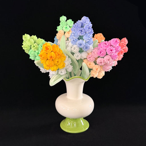Pipe cleaner grape hyacinth in white vase — full 8 pastel shades collection, handmade chenille wire decor