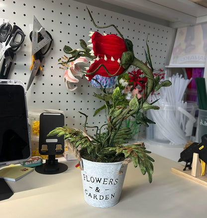 Pipe cleaner Venus Flytrap on shelf — handmade chenille wire Little Shop of Horrors plant decor