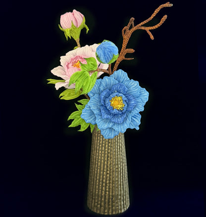 Blue pipe cleaner peony stem — handcrafted chenille wire faux flower for home decor
