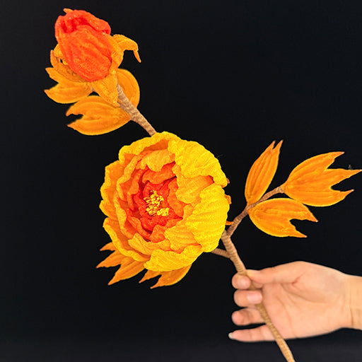Golden yellow pipe cleaner peony stem — wrapped bloom, handcrafted chenille wire faux floral decor