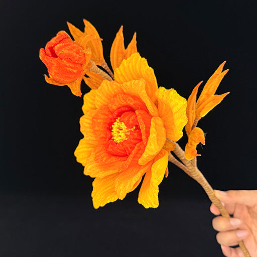 Golden yellow pipe cleaner peony stem — open bloom, handcrafted chenille wire everlasting flower