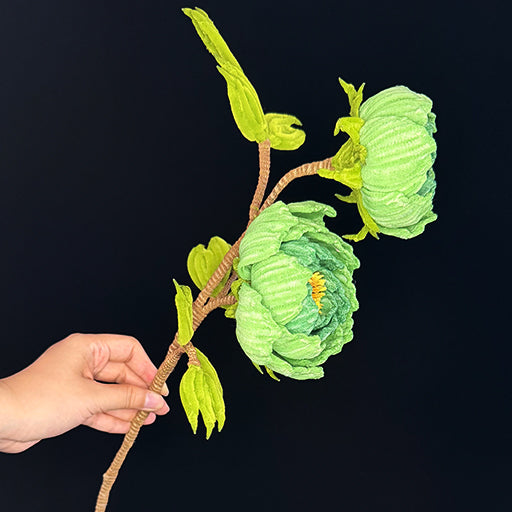 Green pipe cleaner peony stem — wrapped bloom close-up, handmade chenille wire everlasting faux flower