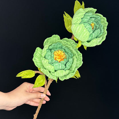 Green pipe cleaner peony stem — wrapped bloom, handmade chenille wire botanical home decor