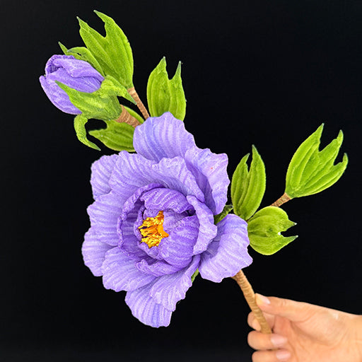 Purple pipe cleaner peony stem — handmade chenille wire faux floral decor for shelves and vases