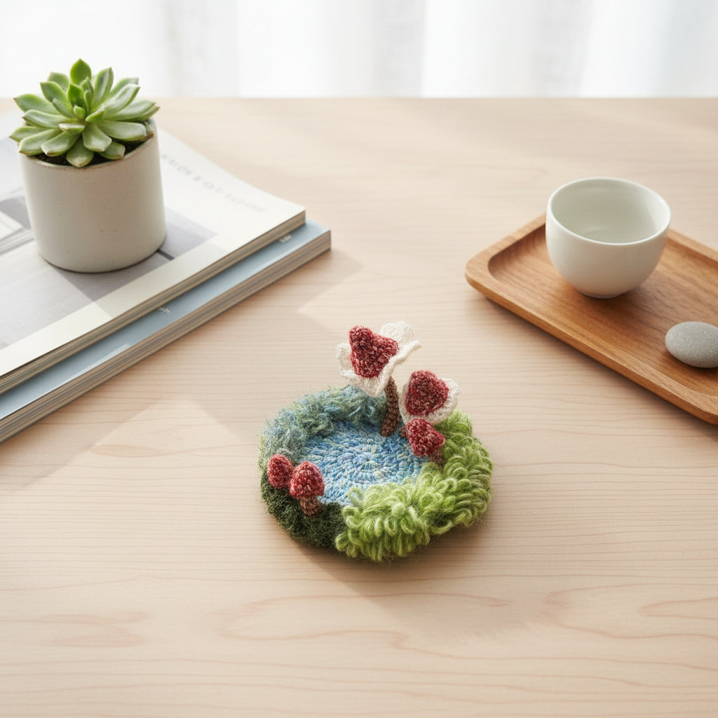 Handmade Pixie Ring red lace mushroom crochet moss coaster styled with succulent plant ceramic tea cup and wooden tray on light wood desk, lifestyle view – Sylva Garden