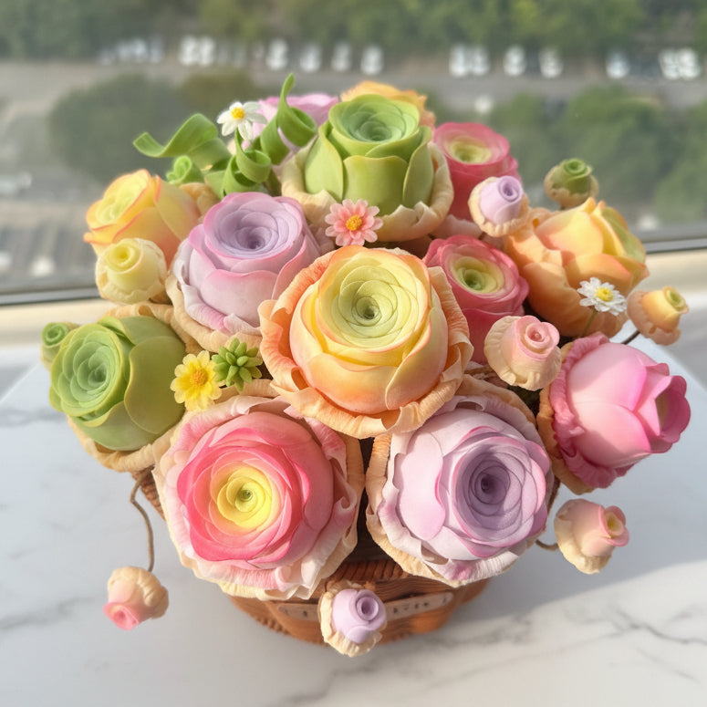 Rose Succulent Carnival handmade clay arrangement shown in packaging ready to ship – Sylva Garden