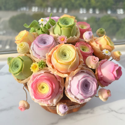 Rose Succulent Carnival handmade clay arrangement shown in packaging ready to ship – Sylva Garden