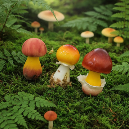 Handmade russula mushroom resin clay fridge magnets in three sizes displayed in enchanted forest moss setting – Sylva Garden