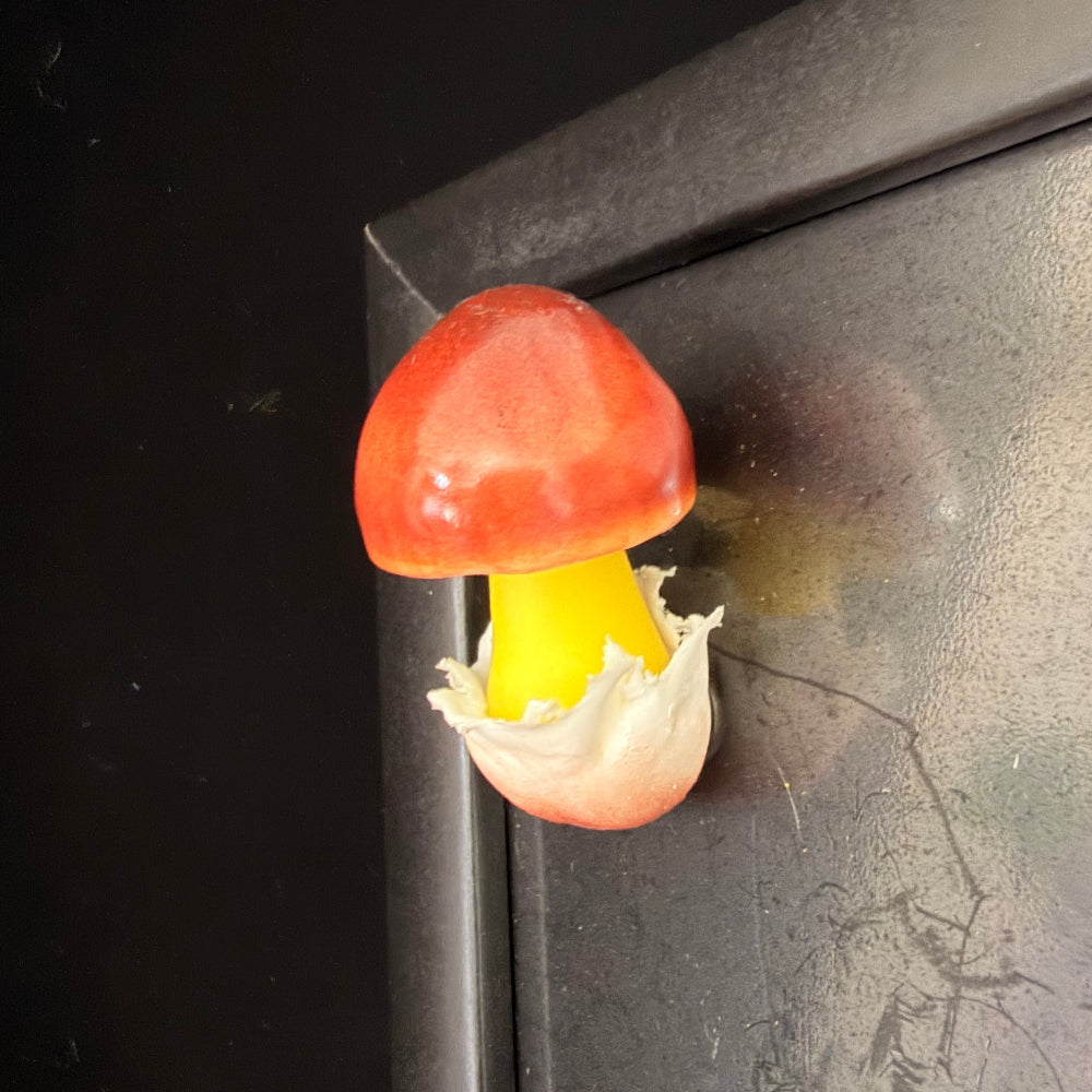 Handmade russula mushroom resin clay fridge magnet in red and yellow attached to refrigerator door, lifestyle view – Sylva Garden