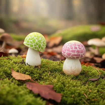 Handmade russula virescens mushroom resin clay fridge magnets in green and pink displayed in enchanted forest moss setting – Sylva Garden