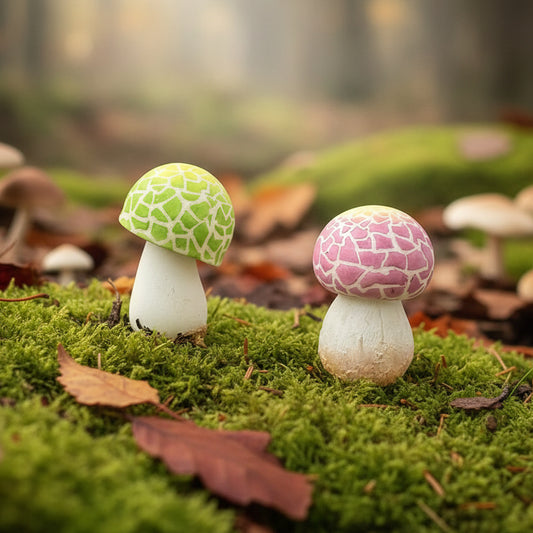 Handmade russula virescens mushroom resin clay fridge magnets in green and pink displayed in enchanted forest moss setting – Sylva Garden