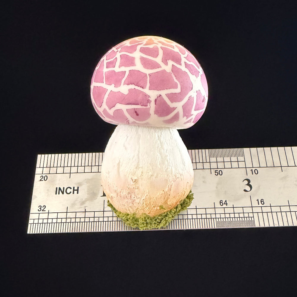 Handmade russula virescens pink mushroom resin clay fridge magnet with crackle cap and moss base, size reference showing approx 3 inches – Sylva Garden