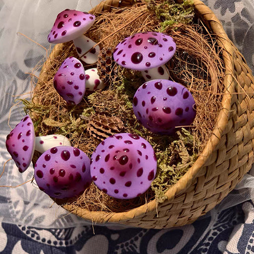 Handmade speckle mushroom resin clay fridge magnets in purple with white spots displayed in wicker basket with moss and pine cones – Sylva Garden