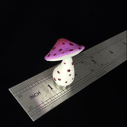 Handmade speckle mushroom resin clay fridge magnet in purple with dark spots and white stem, size reference ruler approx 1 inch – Sylva Garden