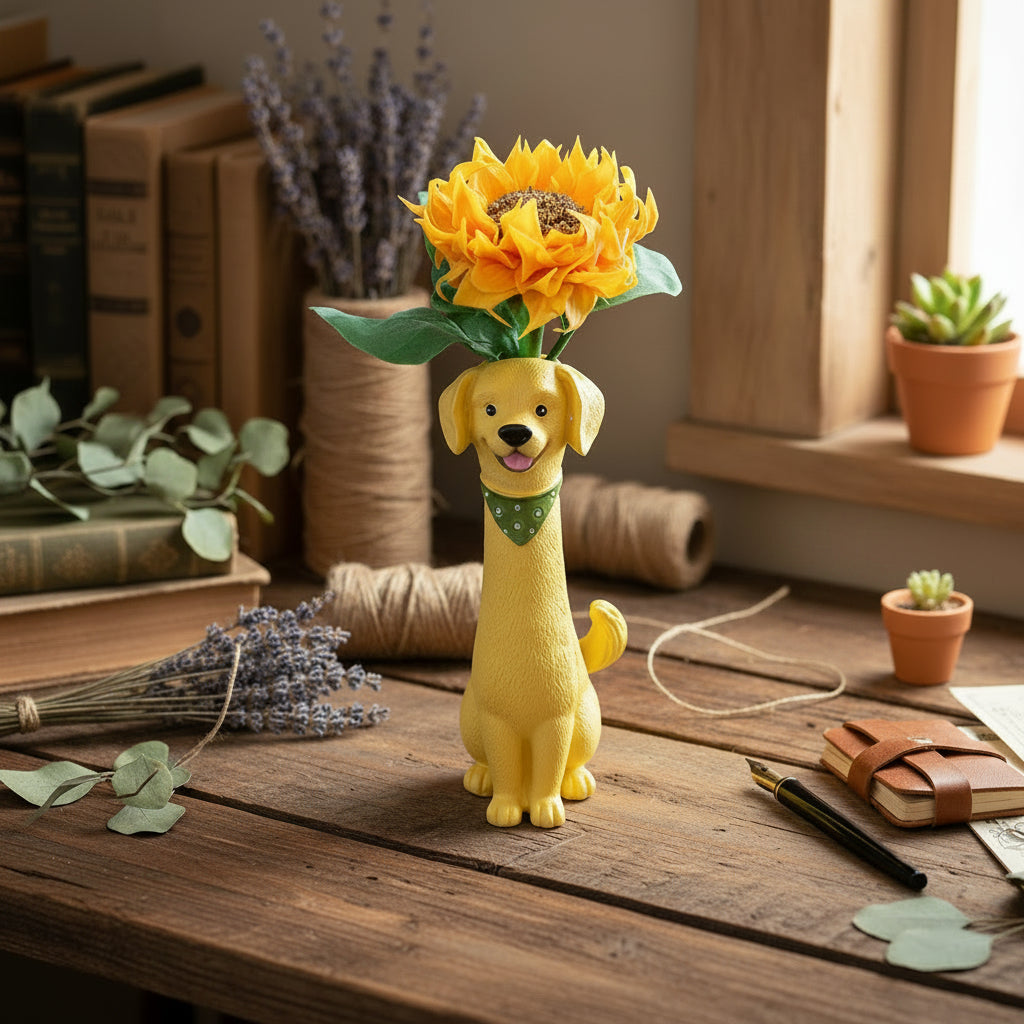 Handmade resin clay sunflower in yellow dog-shaped ceramic vase on wooden desk with vintage books dried lavender and succulent, warm natural light lifestyle view – Sylva Garden