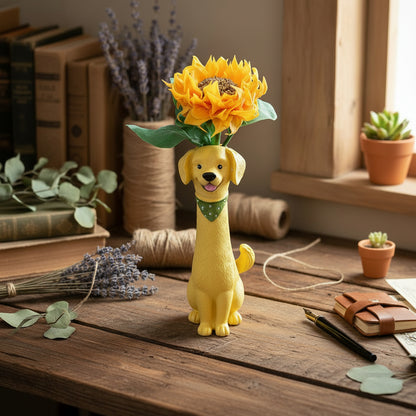 Handmade resin clay sunflower in yellow dog-shaped ceramic vase on wooden desk with vintage books dried lavender and succulent, warm natural light lifestyle view – Sylva Garden