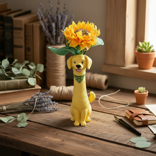 Handmade resin clay sunflower in yellow dog-shaped ceramic vase on wooden desk with vintage books dried lavender and succulent, warm natural light lifestyle view – Sylva Garden
